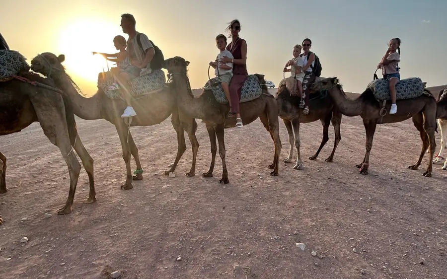 A camel caravan with riders walking towards a low sun